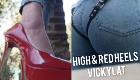 High & red heels outdoor with latex leggins