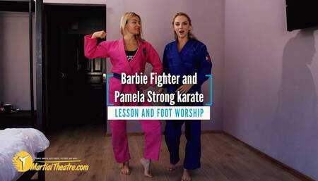 Barbie Fighter and Pamela Strong karate lesson cunt busting and foot worship
