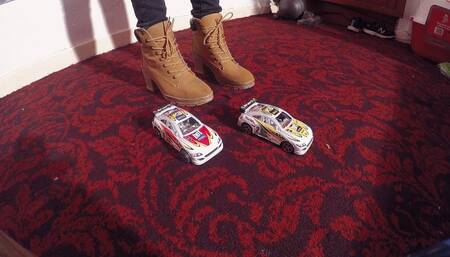 2 Model Cars Crushed Under Sophie's Boots CLOSE UP (4K)