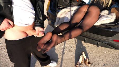 Outdoor Cumshot on Nylon Soles