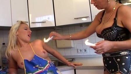 Hot Waxing and Spanking Femdom Session in the Kitchen