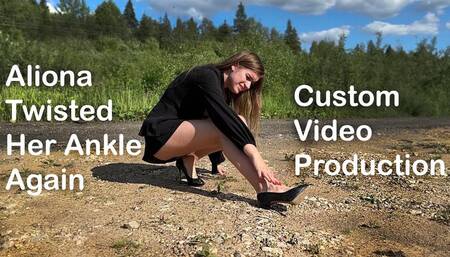 Aliona twisted her ankle, girl walks in one shoe, twisted ankle girl, high heels on gravel