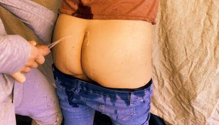 Pissed on her tiny ass until it runs down her hot tight blue jeans (artwork without audio)