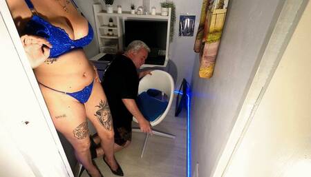 Jennifer Sitting On His Head In The Office In 3 Different Bra & Thongs