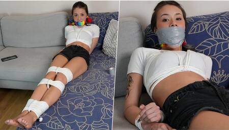 Lilly: Babysitter Gets Bound Tight, Sock Gagged and Hogtied!(4K)