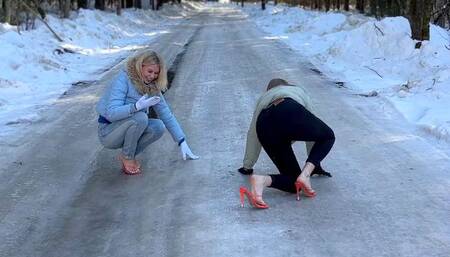 High heels on ice, girls on high heels on ice, slippery high heels, high heels sliding on ice