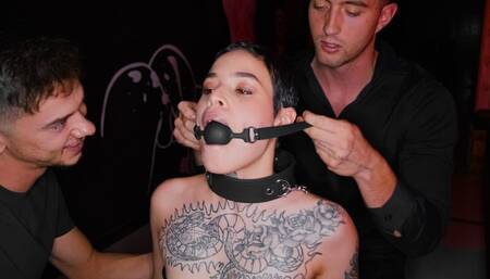 Obedient slut Saba Lapiedra submits to two studs in the BDSM room