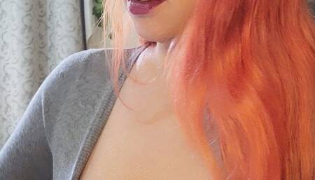 Deep, double puffs very close while I tease you with my breasts tightly in my bra - marlboro red