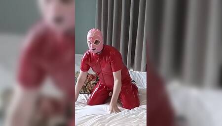 Hot Masked Cumslut in Full Red Pvc Catsuit
