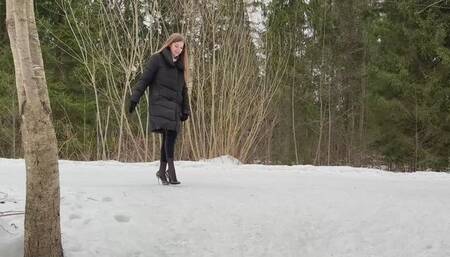 Stiletto high heels on the slope, high heels on ice, high heels on the snow slope, slippery high heels