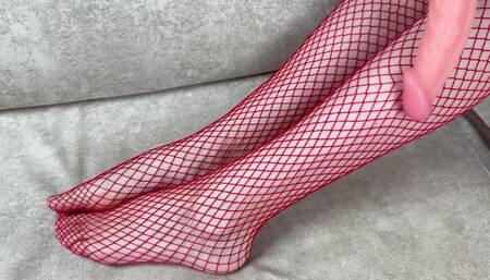 Imagine That This Toy Dildo Is Your Dick - Girl Jerks off Toy Dick with Her Hands and Feet in Red Stockings