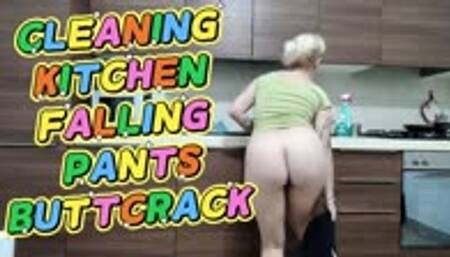 Cleaning kitchen with huge buttcrack falling pants