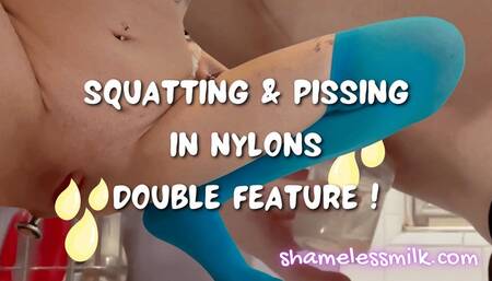 Squatting Pissing Nude in Nylons Double Feature