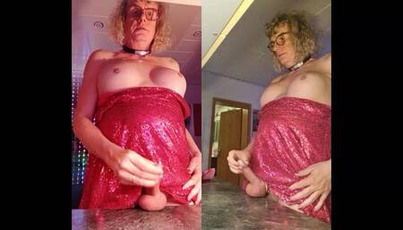 Tgirl Anna Cums with a Pink Foxtail Plug in Her Ass and Wears a Pink Dress