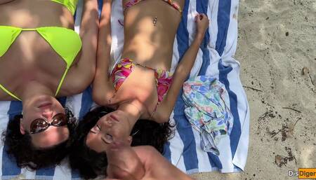 Pervert Watcher Jerks off Busty MILF and Her Stepdaughter and Cums on Their Faces While They Sunbathe