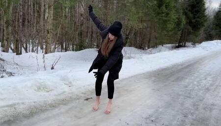 Flip flops on ice, shoes on ice, girl on ice, slippery high heels, girl sliding on ice, heels on ice