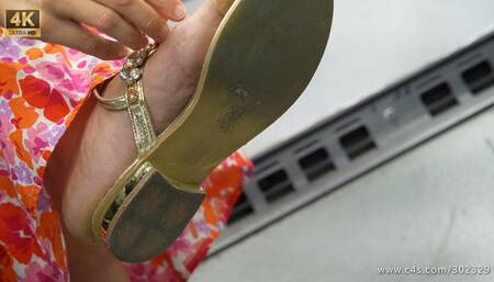 Sandal and foot fetish, nice callous feet close-up, elegant flat sandals for a lick pose