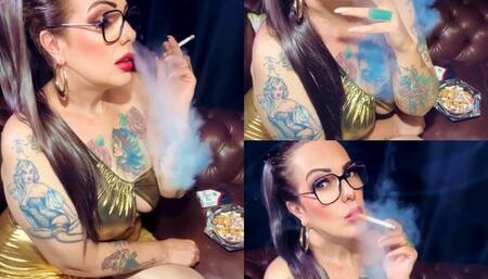 Power Smoking - Smoker's Cough - Destroying the lungs with Marlboro Black 100, in gold leather and ponytail