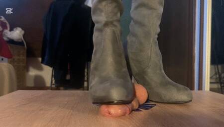 Knee Bootjob with soft cock cumshot