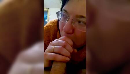 Young MILF with Glasses Sucks Cock and Swallows Cum