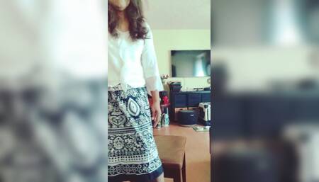 Modeling White Blouse Retro Skirt Showing Legs Stockings Garter Halfslip Panty