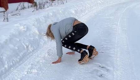Wood platform shoes on ice, wood skate shoes on snow, sliding on ice, slippery shoes on ice