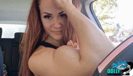 Biceps flexing in car: Dolly, Kim
