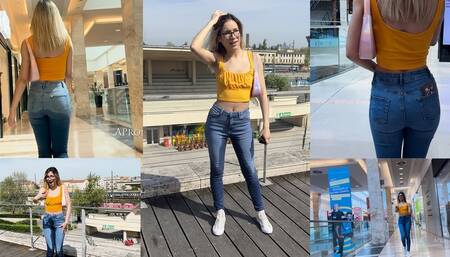 Megan Wetting Jeans in the Shopping Mall