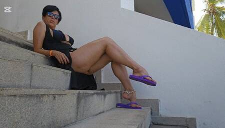 Milah Arches divine Crossed Legs Fetish in purple Flip Flops