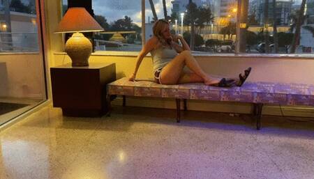 Blonde Beach Babe Lobby Tease and Toejob