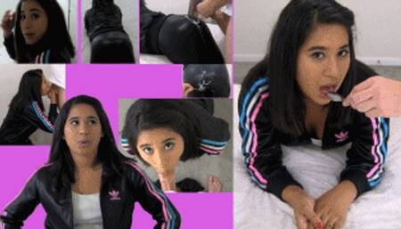 eRica has her shiny leather leggings and tracksuit cummed on & then eats the cum off her ass with a spoon