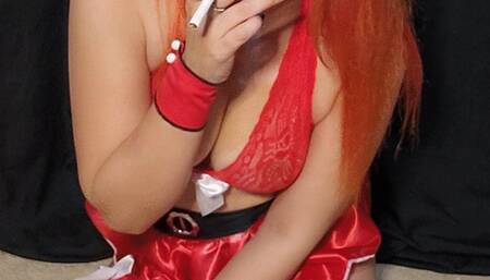 Mommy claus smokes Marlboro red wearing long leather boots and hot xtmas costume - PART 1
