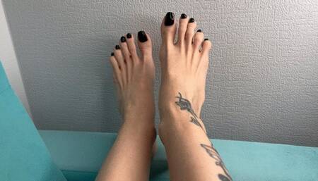 My bare feet with long toes, black toenail polish, worship my toes