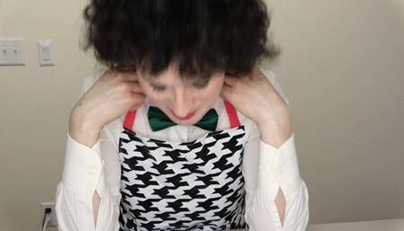 Woman taking off bowtie and some popped collars before getting naked