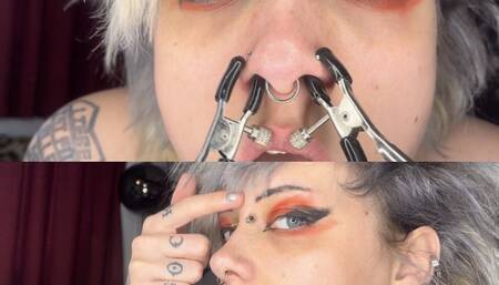 piggy nose goth girl stretching nostrils with nipple clamps and JOI cum inside my nose fetish taboo gothic tattoos glitterqueen1999
