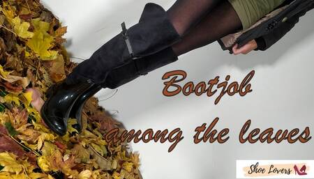 Bootjob, cockcrush among the leaves with black rain boots