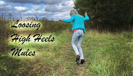 Walking outdoors in one shoe, losing high heels mules, losing shoe walking, lost high heels mules, one shoe walk