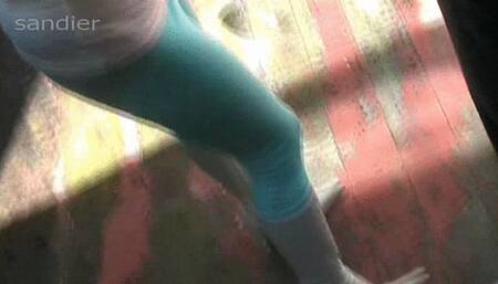 Handjob in aqua leggings white pointy knee boots A