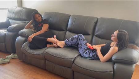 Goddesses Honey Dew & Natasha Ty Play Barefoot Couch Footsies | Girls Playing Footsies | Ebony Soles | Asian Feet