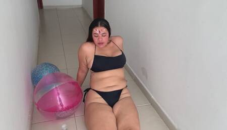 NICKY MASTURBATES HER PUSSY WITH HER NEIGHBOR'S INFLATABLE ON THE TERRACE