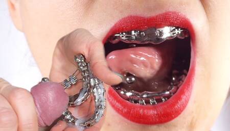 ALL-METAL Braces CUMMED, HOT handjob & cock-biting