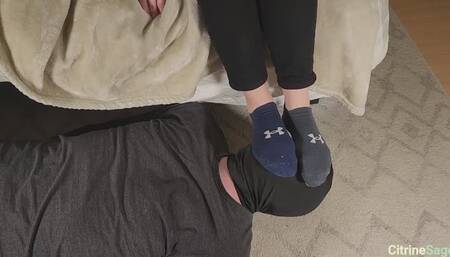Foot slave has to smell and taste my collection of sweaty socks and then licks my stinky sweaty feet clean