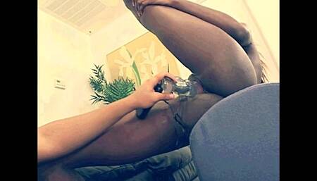 Two Young Black Lesbians Masturbate Their Pussy with Huge Dildos