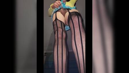 Floor View Playing in My Little Green Dress and Stockings and Yellow Top