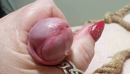 Miss M teasing precum out of her bound victim on the milking bench