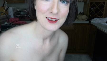 Woman dressing in white satin blouse, black tie, black skirt, patterned pantyhose, and fishnet boots