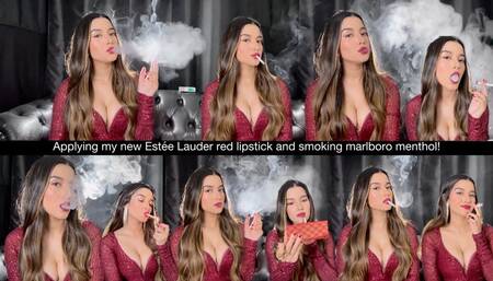 Applying my new Estée Lauder red lipstick and smoking Marlboro menthol!