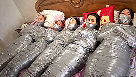 Trapped In Mummy Mansion: 5 Mummified Girls Struggle All Wrapped Up And Gagged! (low res mp4)