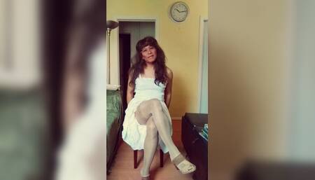Classy & Elegant - White Cami Dress with Stockings, Slip, Panty