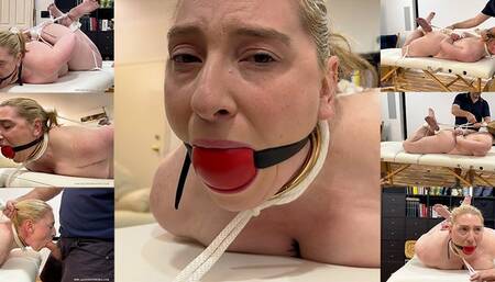 Strapped to the massage table, vibed until she cums over and over again and then face fucked while she cums some more